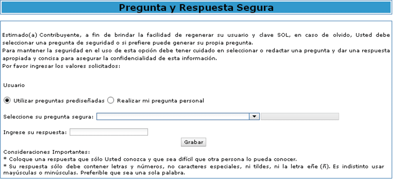 pregunta secreta Recuperación de Clave SOL desde internet