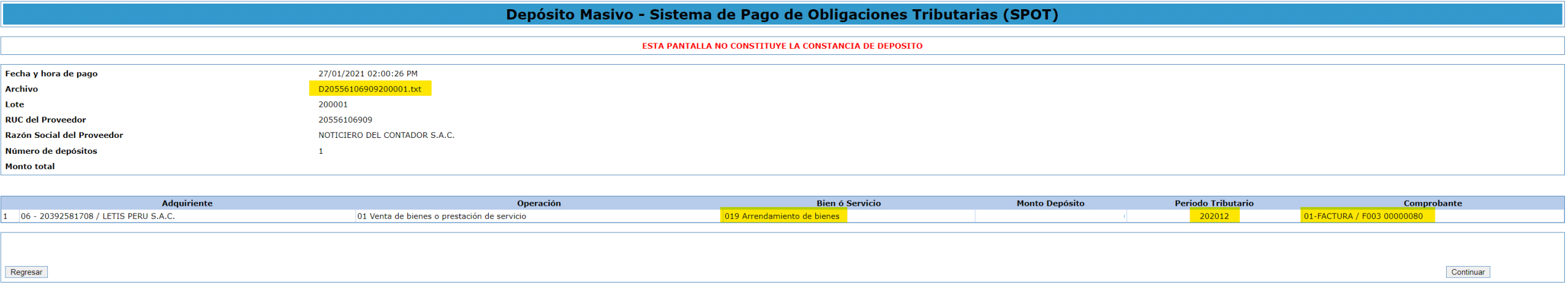 Deposito Masivo SPOT
