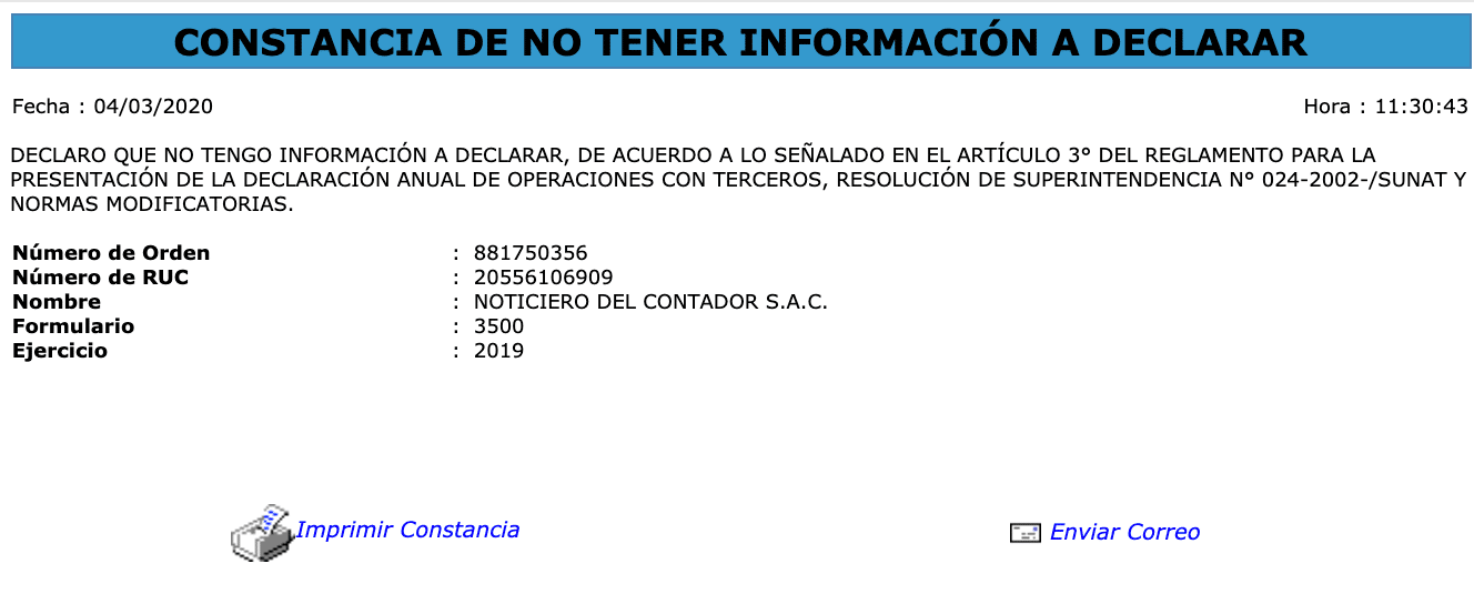Constancia de no tener informacion a declarar