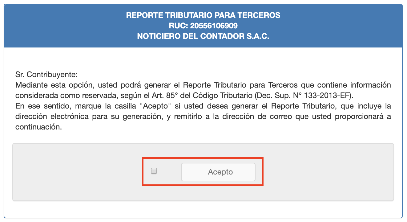 confirmar la emision del reporte tributario