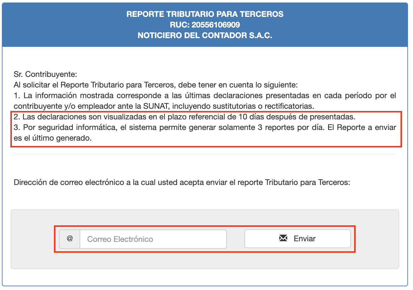 nos envie el reporte al correo electronico