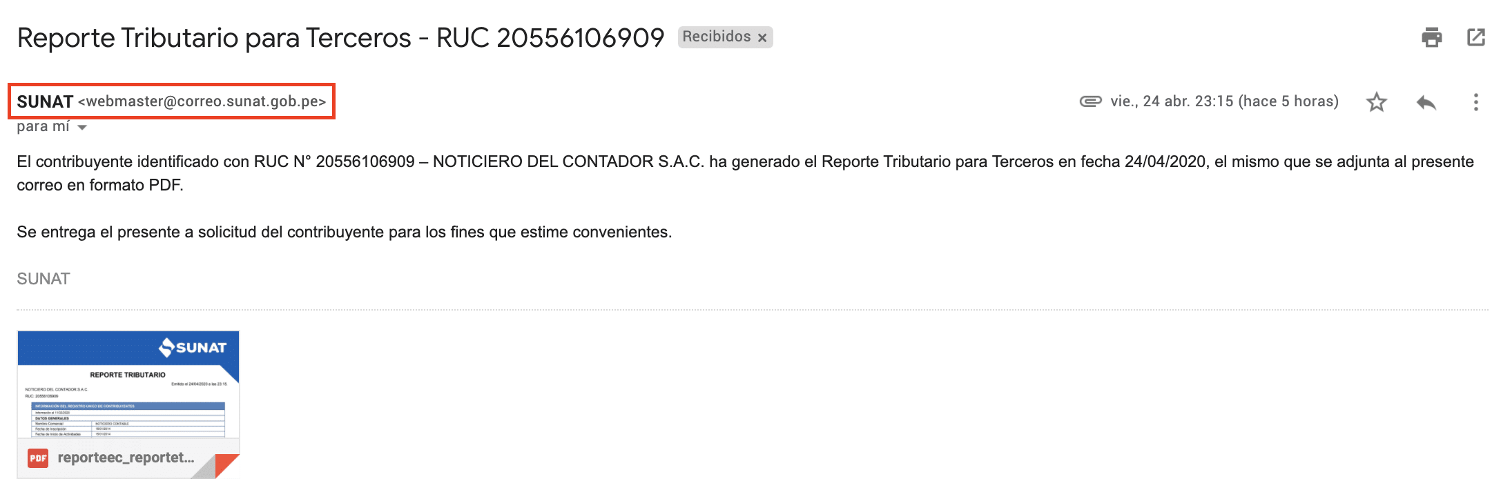 nos llegara un email con el reporte tributario