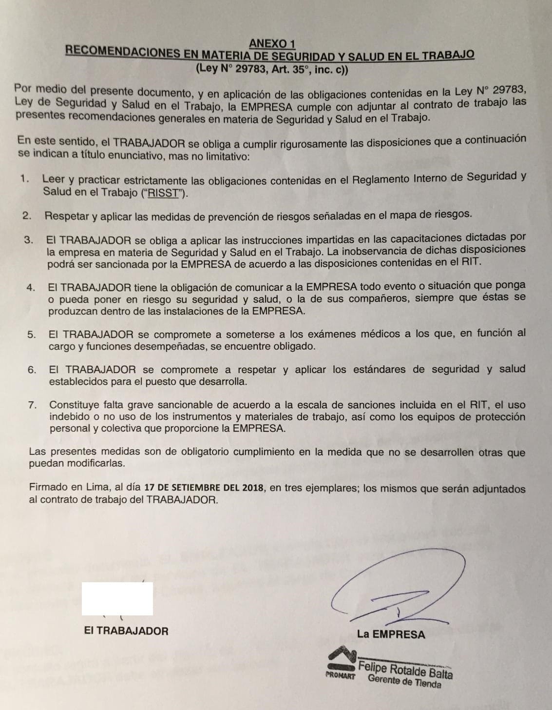 Anexo del contrato de trabajo Promart