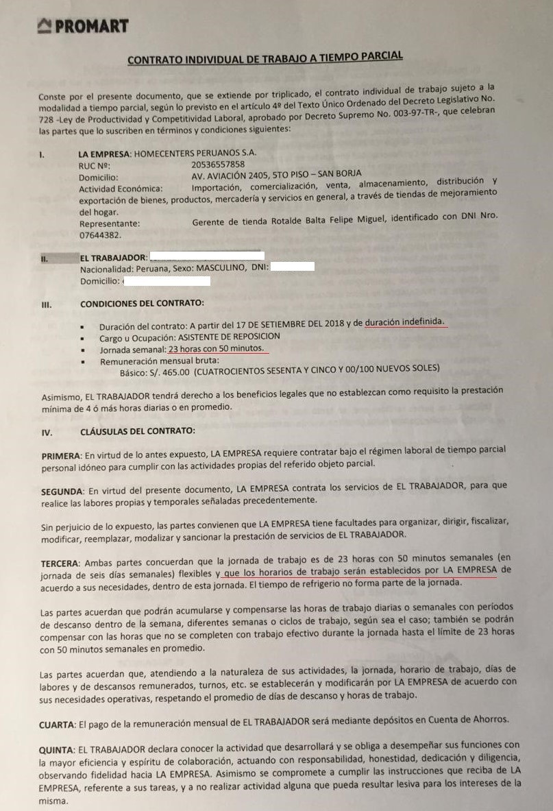 La primera hoja del contrato de trabajo Promart