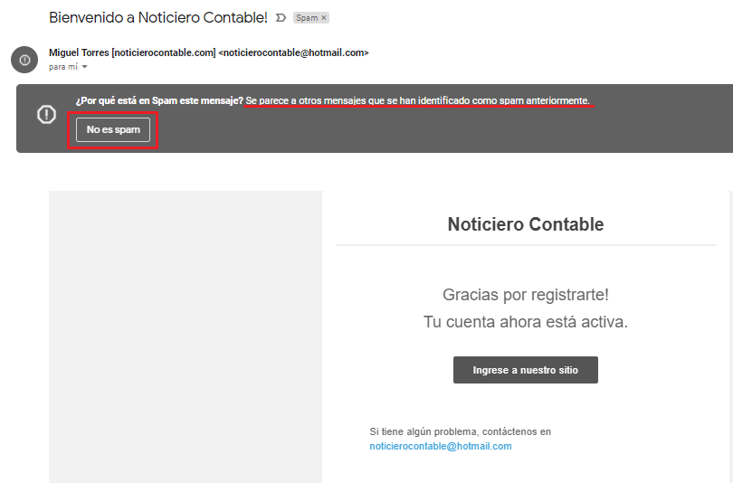 correo de bienvenida Noticiero Contable